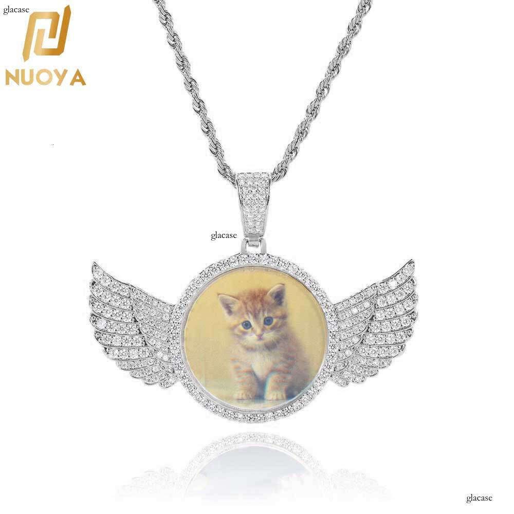 Hip Hop Jewelry Angel Wings Round Pendant Micro Inlaid Moissanite chain DIY Personalized Creative Photo Frame Necklace