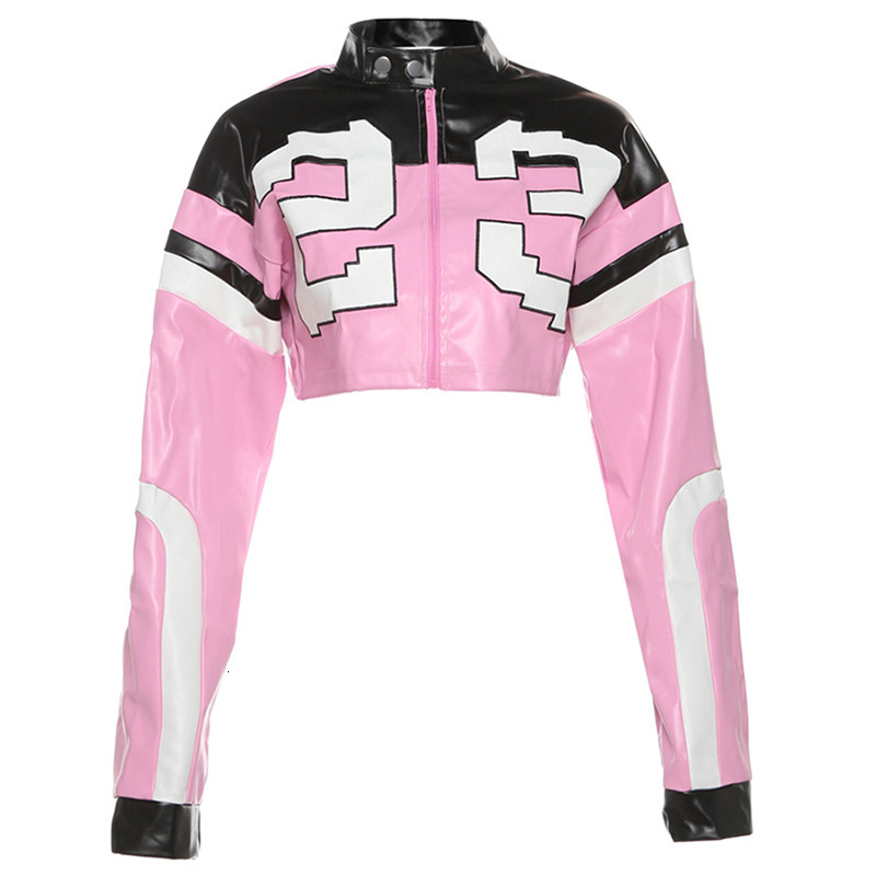 2024 Summer Womens New Fashion Motorcycle Contrast Embroidery Splicing Slim Fit Imitation Leather Jacket Coat