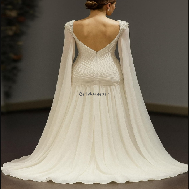 Graceful Plus Size Mermaid Wedding Dress With Cape Sleeves Sweetheart Bohemian Chiffon Bridal Dress 2025 Boho Bride Dress Charming Vestio De Novias
