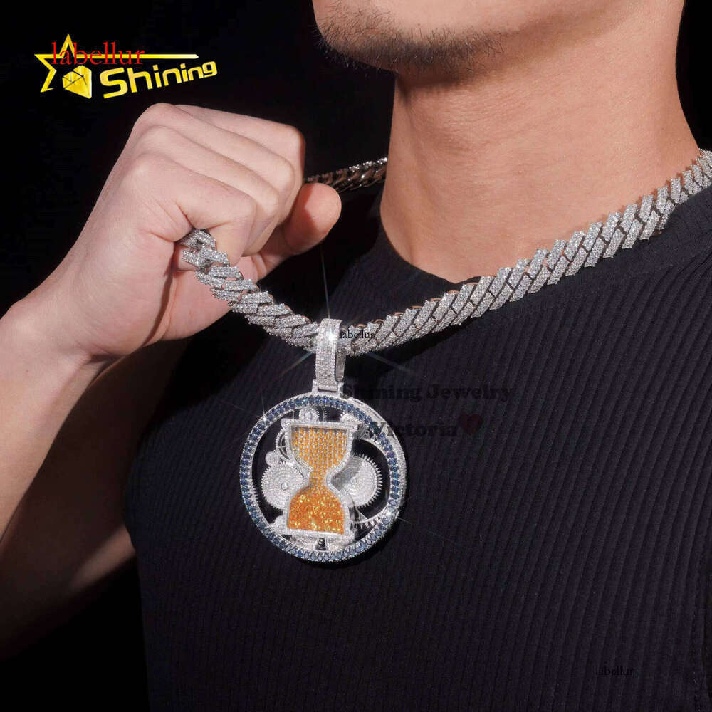 Unique Piece Charms Jewelry Custom Moissanite Hour Glass 3 Inches Spinning Iced Out Full Colored Dias Pendant