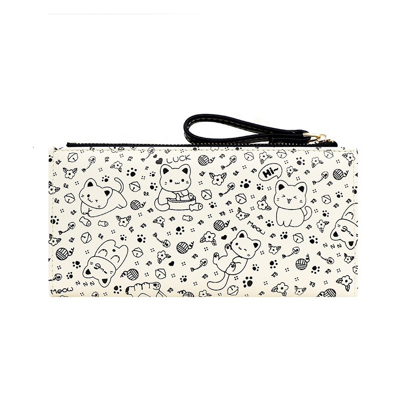 Black And White Long Japanese Style Simple Cute Cat Pattern Print 80% Off Luxury Bag Multi-functional Large Capacity Women's Clutch