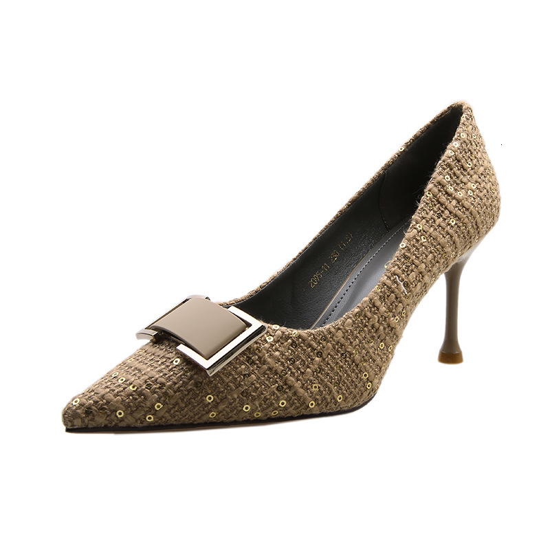 Women's 2025 designer's new pointed thin heel metal buckle single shoe