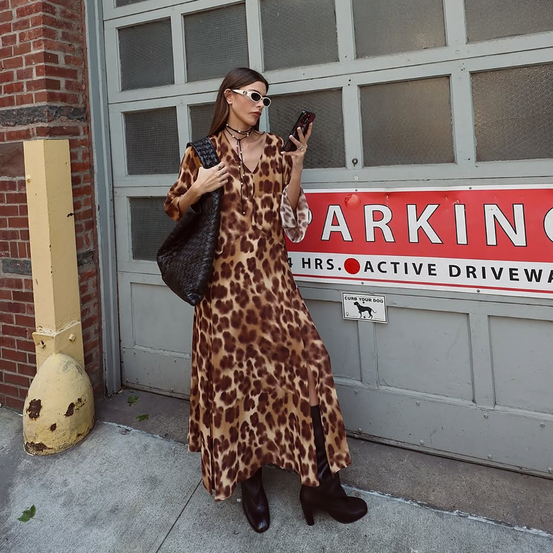 2025 Autumn New Womens Fashion Leopard Print V-Neck Slit Casual Loose Long Sleeve Dress