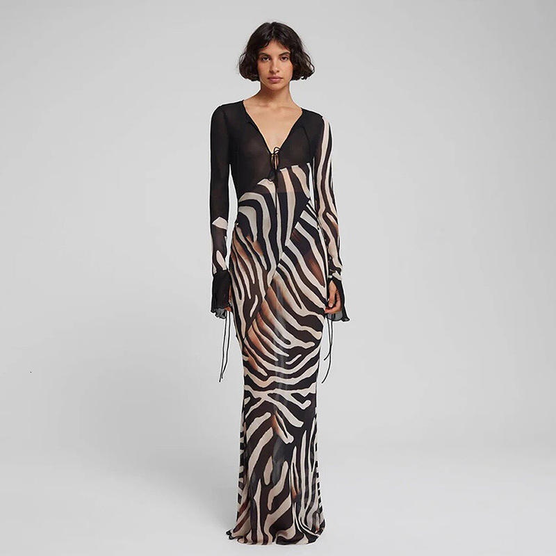 2025 Summer New Womens Fashion Color-Block Print Sexy V-Neck Mesh Long Sleeve Dress