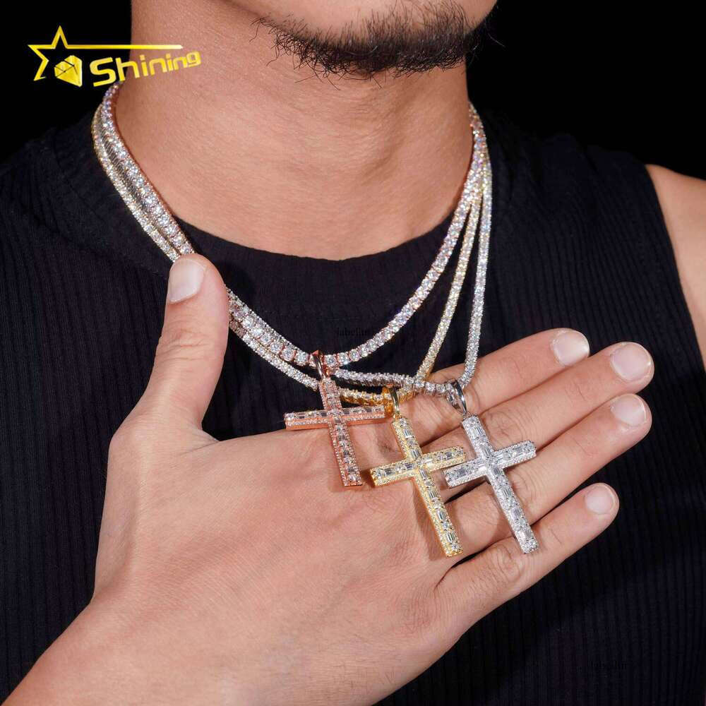 Hot Sale Baguette Cross Pendant Sterling Sier Gold Plated Pass Dia Tester GRA Moissanite Charms Necklace