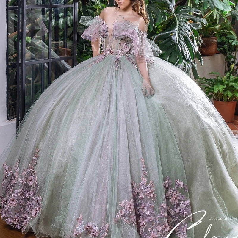 Light Green Quinceanera Dresses Ball Gown Off The Shoulder Applique Flower Beads Tull Corset Party Birthday Sweet 16 Vestidos 15 Anos