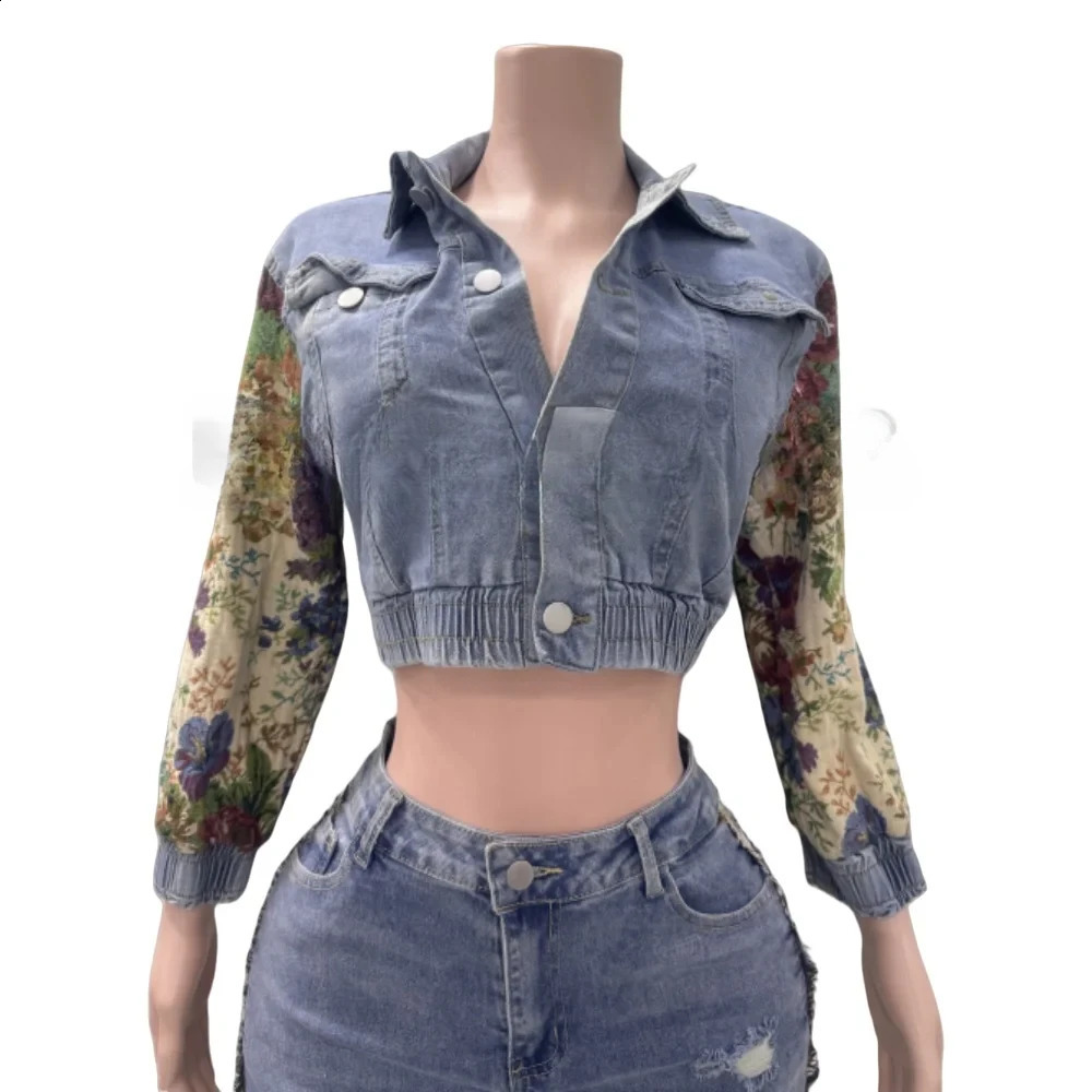 BWQ Women 2 Piece Set Outfit Fashion Pocket Ruched Print Patchwork Denim Crop Jacket High Waist Stretchy Jeans Streetwear 2025 250808