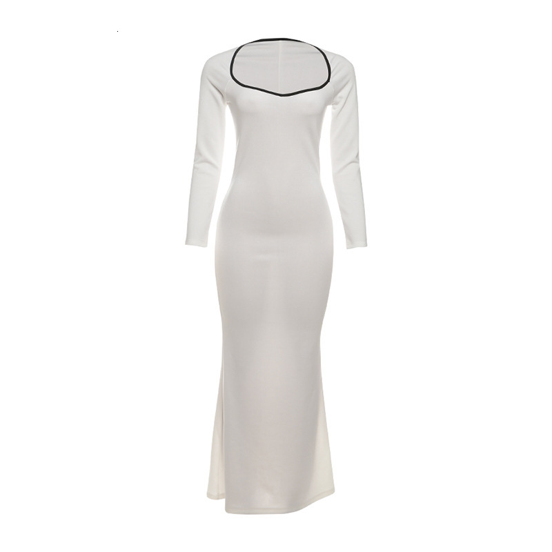 2025 Autumn New Sexy Low Neck Slim Fit Long Sleeve Color Block Slit Long Dress Womens Clothing