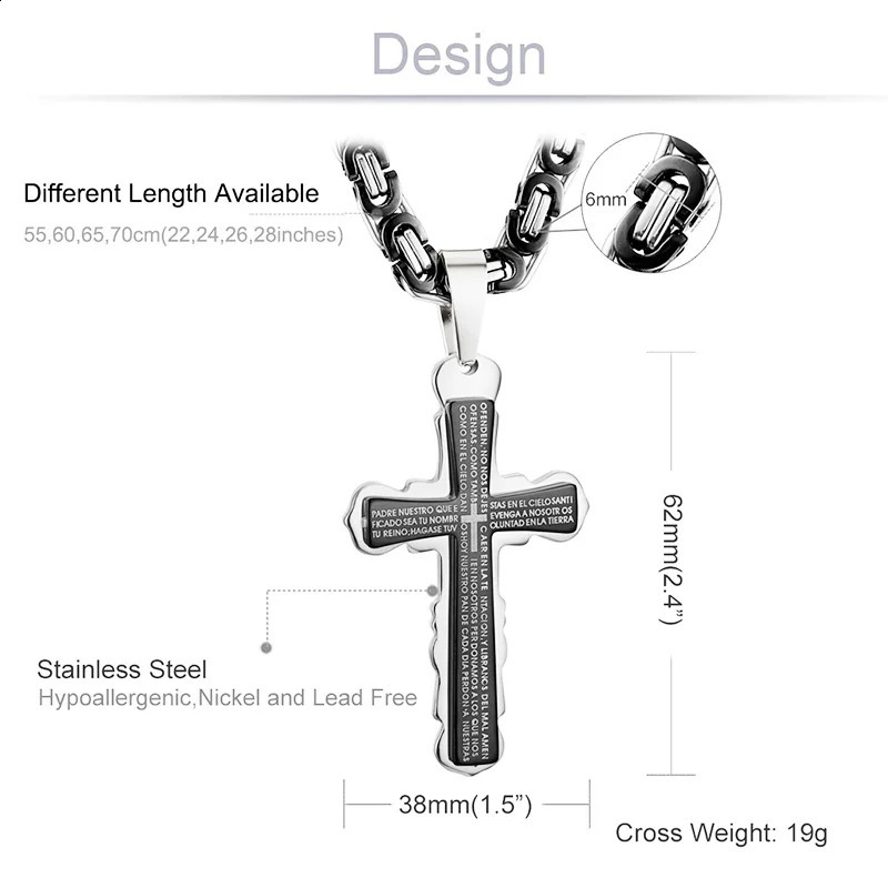 Catholic Spanish Bible Cross Pendants Necklace Stainless Steel Byzantine Link Chain Necklaces Bible Prayer Male Jewelry Gift 250805