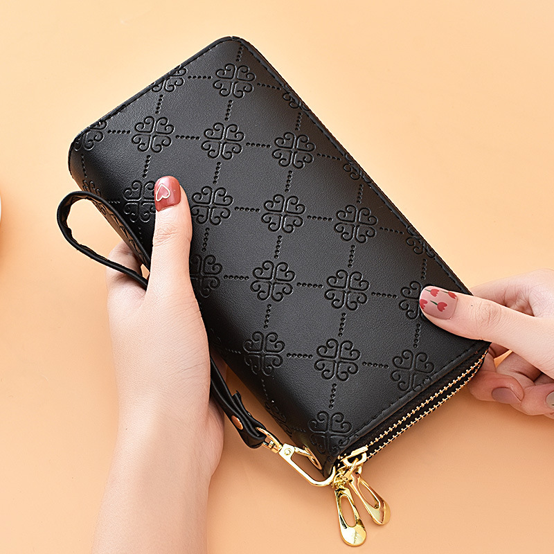 Wallet For Women Long Style European And American Shiny Leather Luxury Bag Double Zipper Clutch Large Capacity Double Layer Phone Bag Matte Wrist Stra