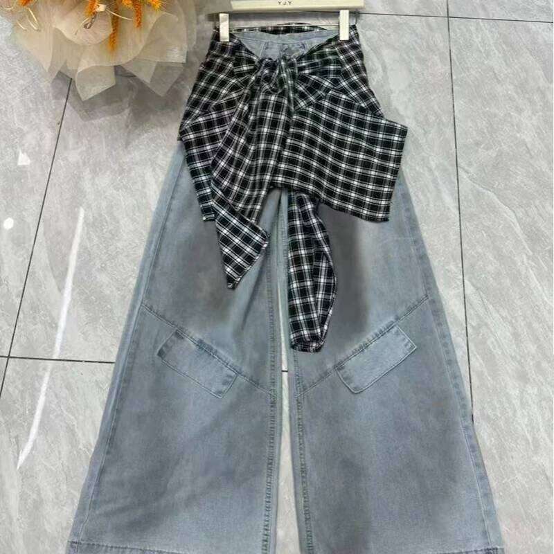 MEXZT Y2K Cargo Jeans Women Haruku Plaid Patchwork Wide Leg Denim Pants Vintage Grunge Korean High Waist Baggy Design Trousers