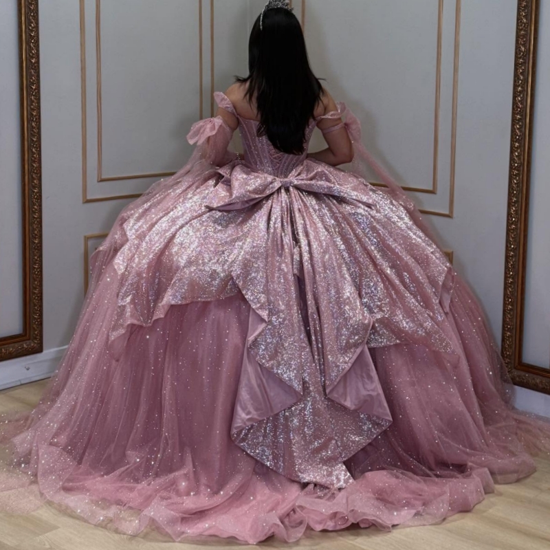 Pink Quinceanera Dresses Off The Shoulder Beads Bow Tull Party Birthday Ball Gown Vestidos De 15 Anos Sweet 16 Dress