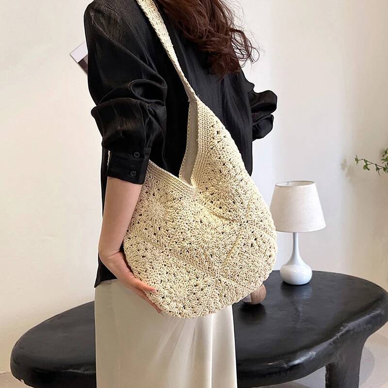 Summer Straw for Women Underarm Shoulder Bags Woven Top Handle Hollow Raffia Crochet Beach Bag Casual Handbags