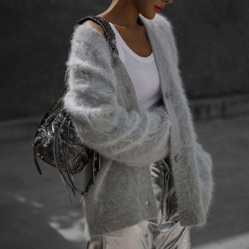 Women's Mink Knitted Cardigan Lazy Loose Long Sleeve V-Neck Sweater Jacket