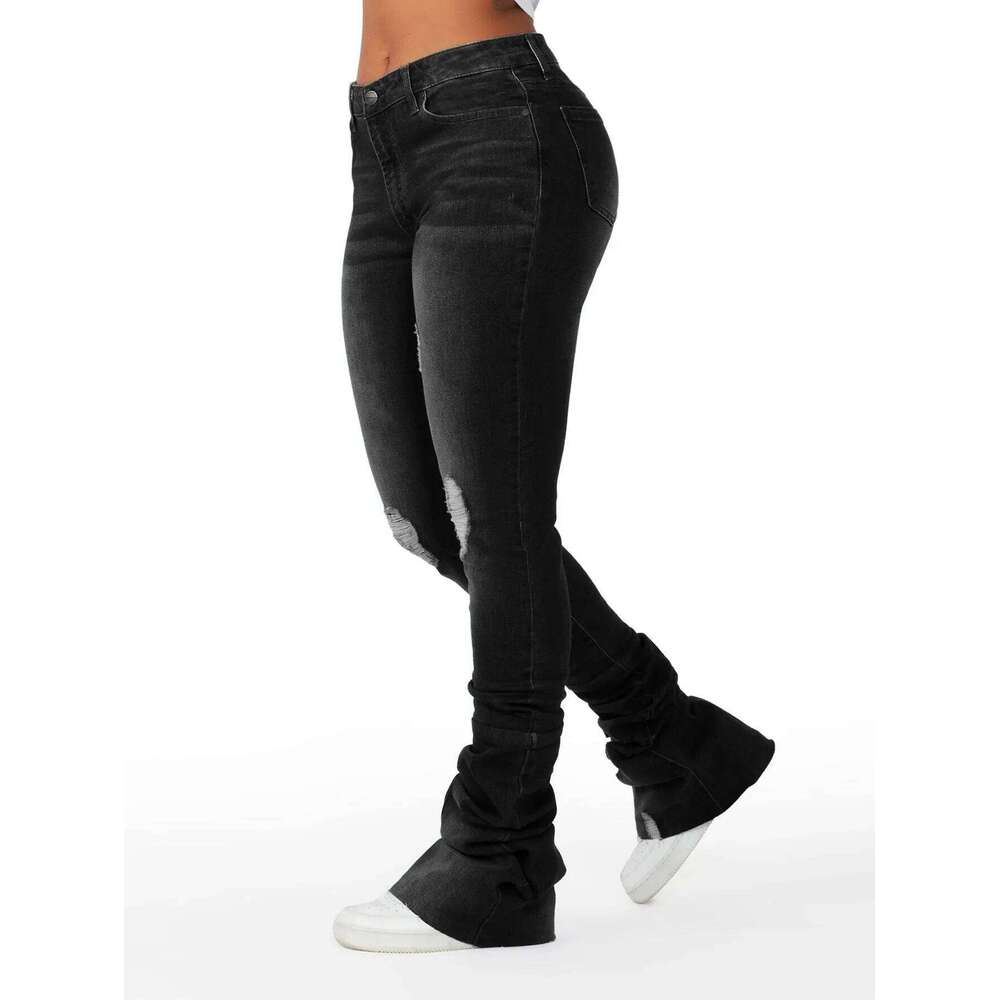 Washed Denim Straight Pants Women Ankle Length Jean Ripped Hole Distressed Pockets Solid Casual Skinny Vintage High Waist