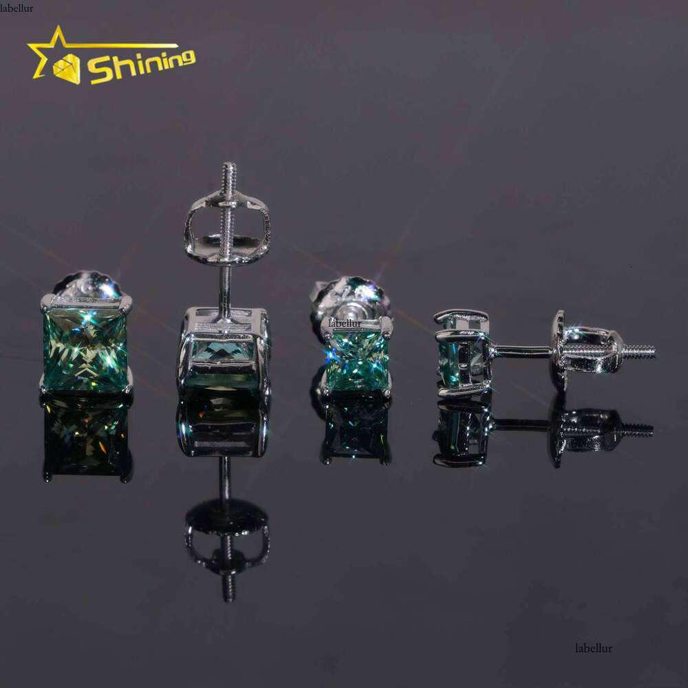 Classic Dia Earring Blue Green Princess Cut Mens Sterling Sier Square Moissanite Stud Earrings