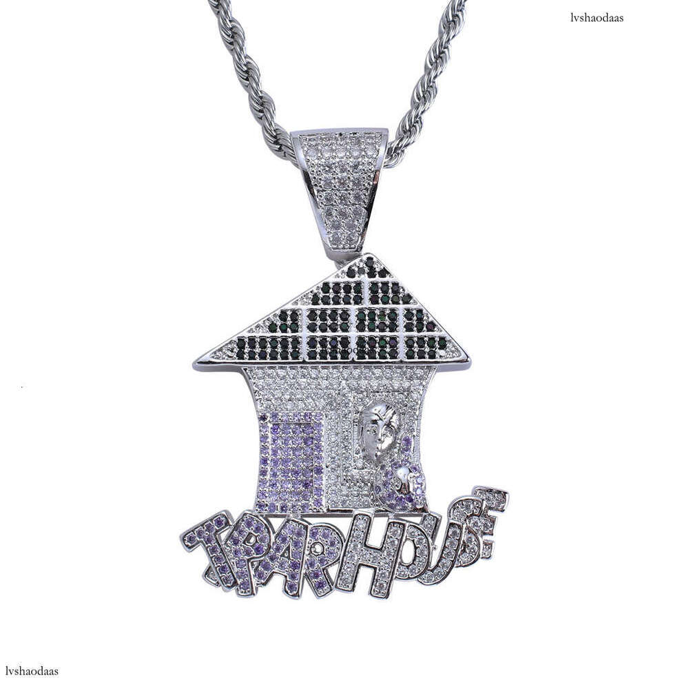 Trendy House Micro-Inlaid Colorful Moissanite chain Necklace TrapHouse Pendant Hip-Hop Accessories