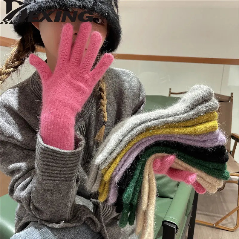 Korean Longer Gloves Women Winter Rabbit Knitted Finger Gloves Christmas Thick Warm Gloves 250807