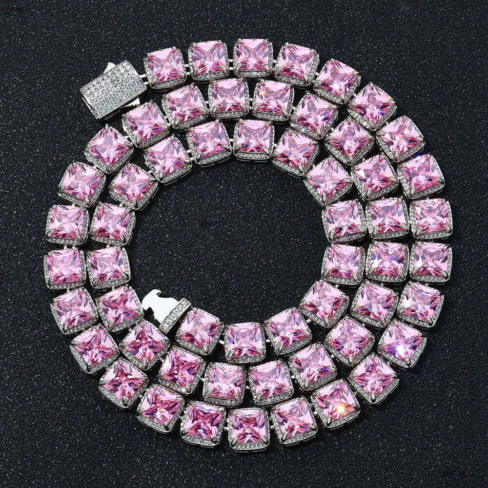 Hip-Hop 10mm Square Pink Moissanite chain Ice Sugar Jewelry Accessories High-End Men's Necklace