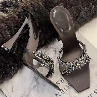 35-43 Plus Size 2025 Spring New Women's Designer shoes Shoe Square Toe Cross Rhinestone Satin Sandals Thin High Heel Elegant