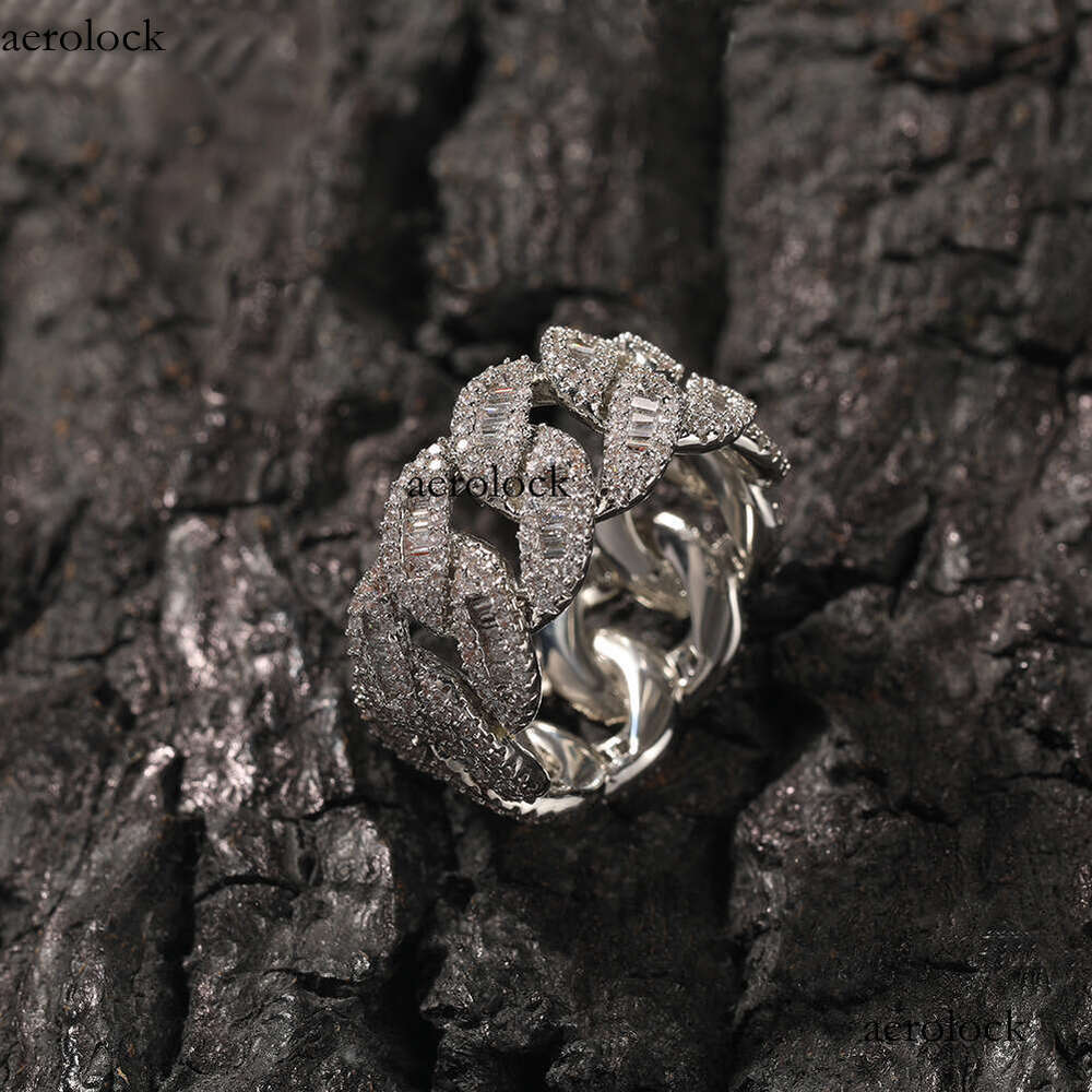 Sterling Silver Square Diamond Hip-Hop Fashion Street Niche Unisex Moon-Shaped Cuban Ring