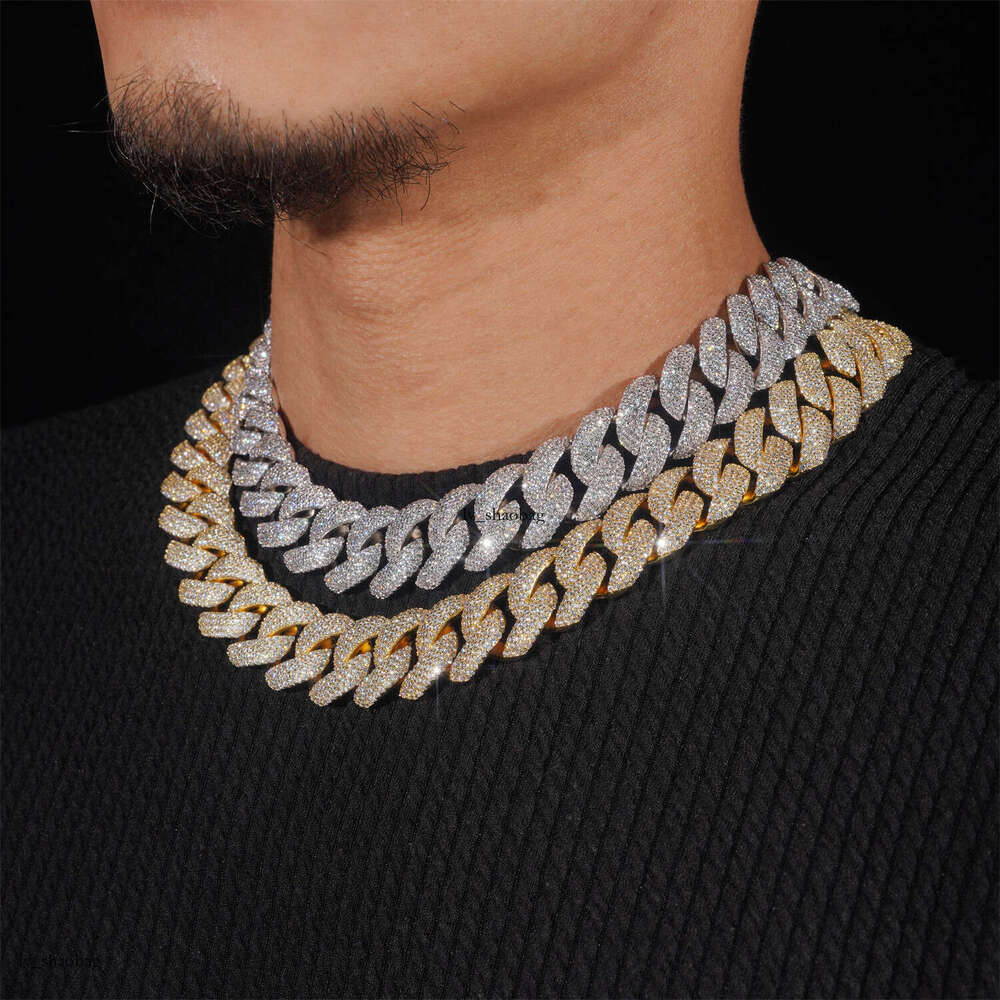 Hip-Hop Men's Sterling Silver Inlaid 5A Moissanite chain 20mm Crescent Moon 4-Row Stone Cuban Bracelet Necklace