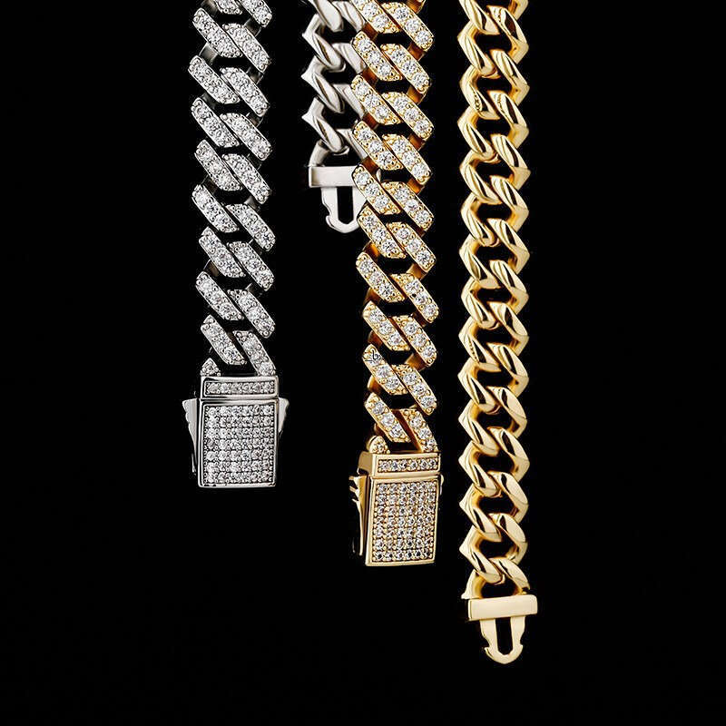 8MM Dia-Shaped Cuban Chain Necklace Full Dia Inlaid Moissanite chain Spring Clasp Hip-Hop Unisex Trendy Jewelry