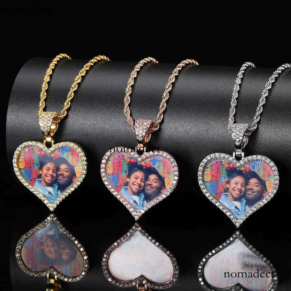 Couple Heart Pendant Micro Pave Moissanite chain Hip Hop Jewelry Heart-Shaped Photo Frame Necklace