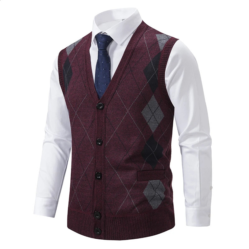 Spring Autumn Male Vest Sleeveless Sweater Fleece Warm Knitted Jackets Checkered Business Casual Button Up Coat Mens Clothing 250809