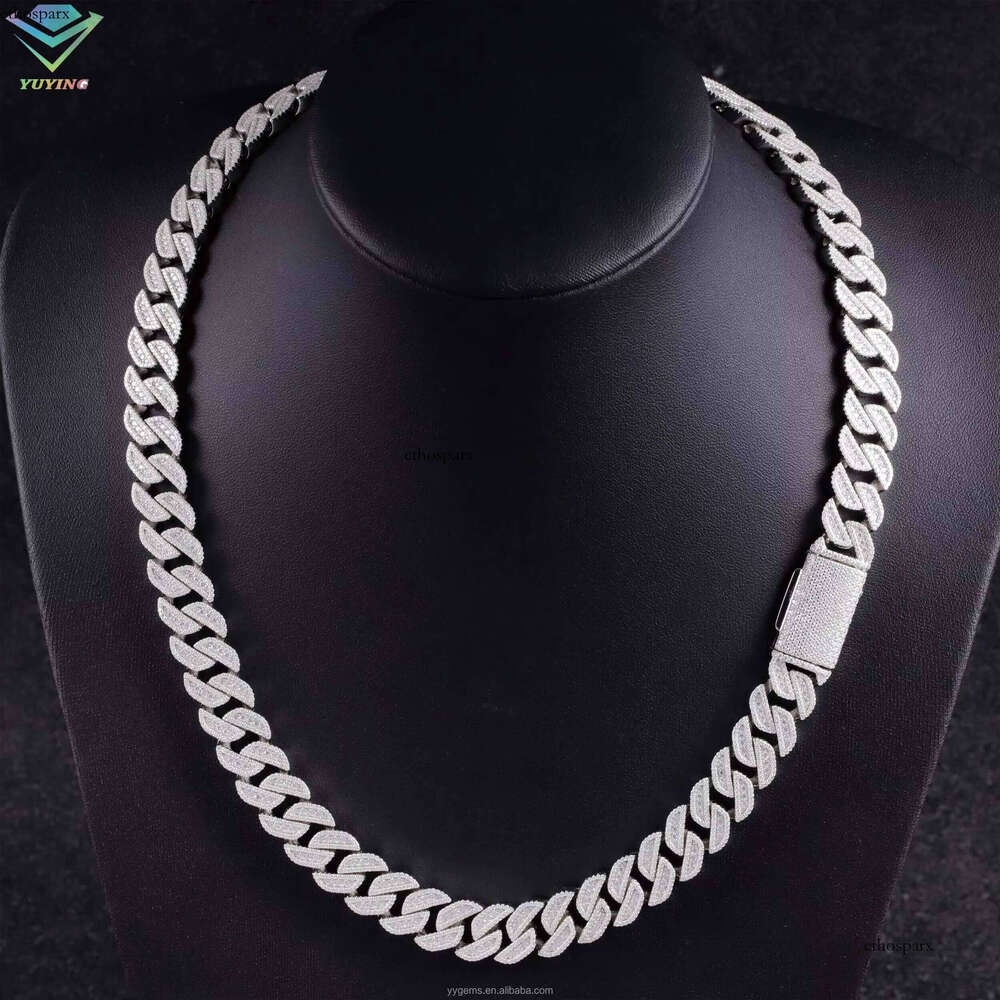 Heavy 15MM 3Rows S Sier Hip Hop Necklace White Gold Plated Moissanite Dia Cuban Link Chain