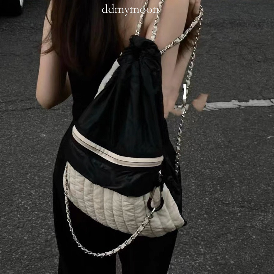 jennie Same Style Color-Block Black and White 2025 Casual Chain Nylon Backpack ddmymoon