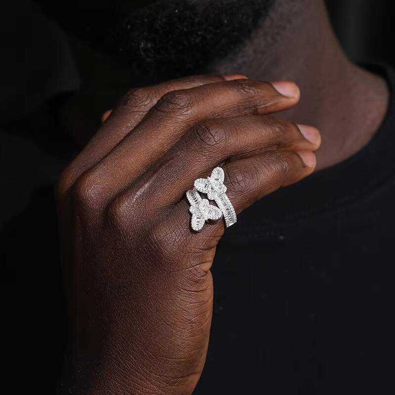 New Design Hip Hop Jewelry 925 Sterling Silver VVS Baguette Moissanite Diamond Double Butterfly Rings for Mens