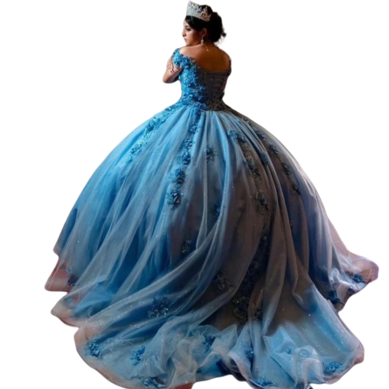 Light Sky Blue Quinceanera Dresses Ball Gown 3D Floral Applique Lace-up Sweet 16 Dress Off Shoulder Princess Prom Occasion Wear