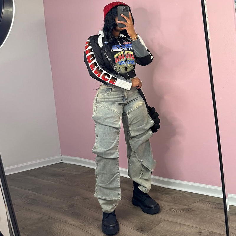 2025 Autumn New Style Slim Fit Half High Collar Printed Color Block Motorcycle Short Zipper Jacket for Women