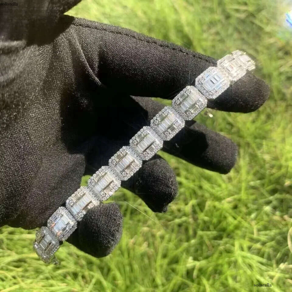 13MM Square Sier Hip Hop Jewelry Iced Out Baguette Moissanite Dia Bling Cluster Circle Tennis Bracelet