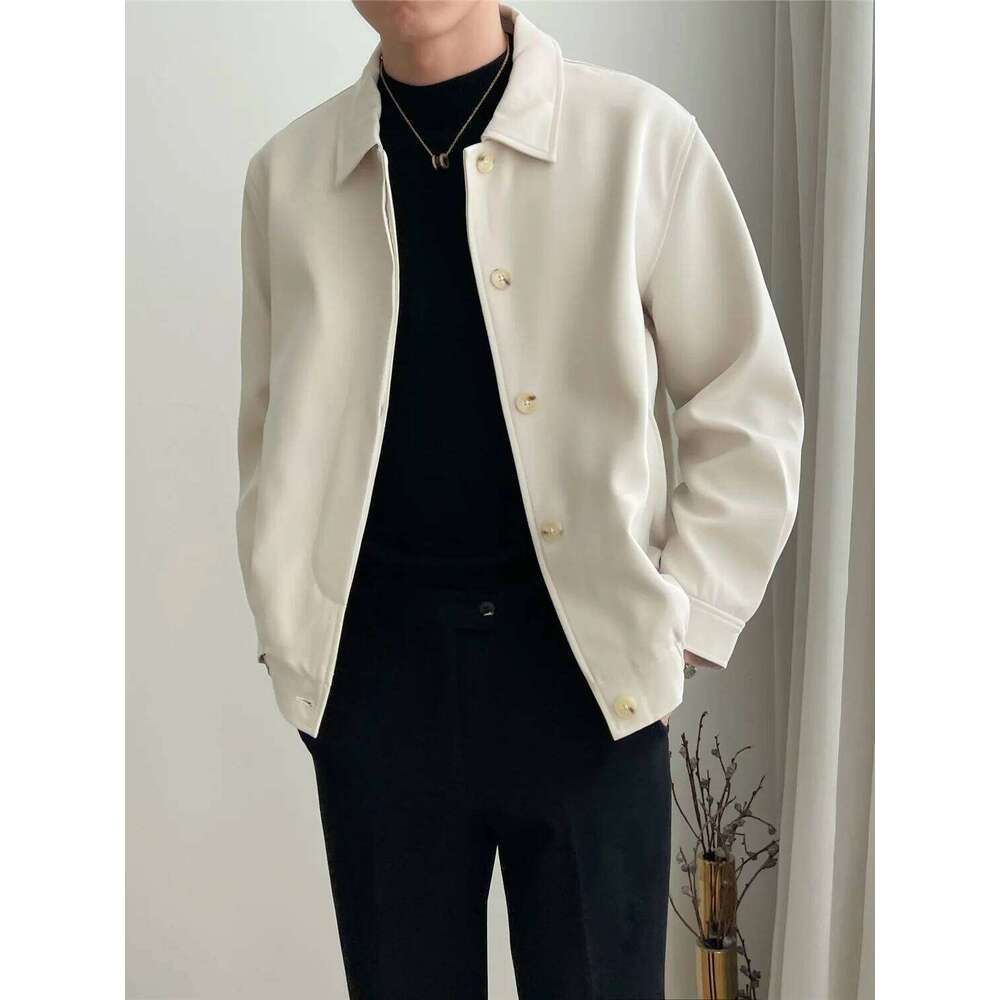 Spring and Autumn New Men's Casual Apricot Lapel Jacket Loose Korean Version of The Trend Short Silhouette Coat Top Men