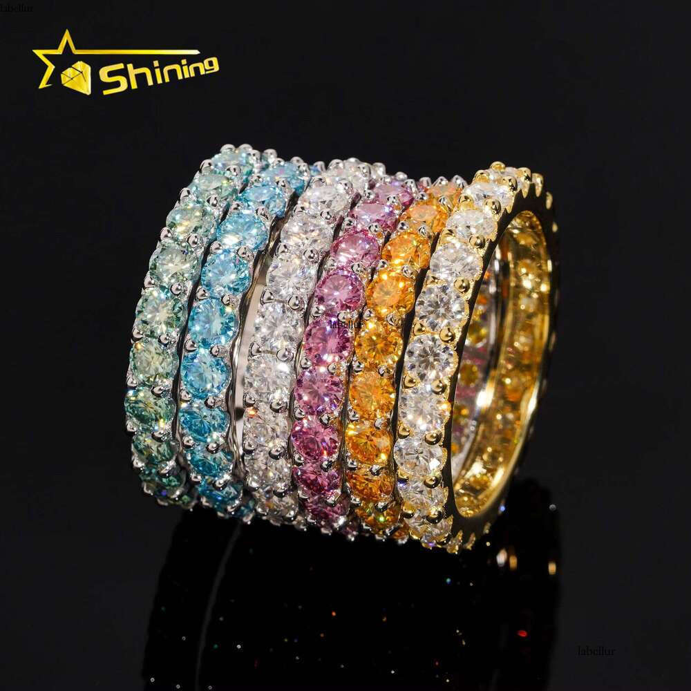 Pass Dia Tester Fine Jewelry Eternity Hip Hop Rings Solid Sterling Sier 3.0mm Colored Moissanite Band Ring