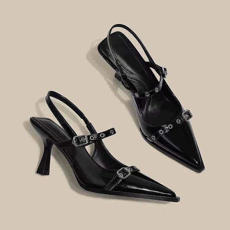 High Heels Designer Shoes for Women 2025 Summer New Black Pointed Stiletto French Style One Strap Closed Toe Sandals Shallow Mouth Single Shoes
