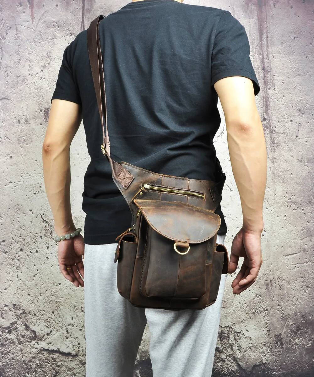 Quality Leather Design Men Multi Function Messenger Mochila Fashion Organizer Fanny Waist Belt Pack Drop Leg Bag Male 9938
