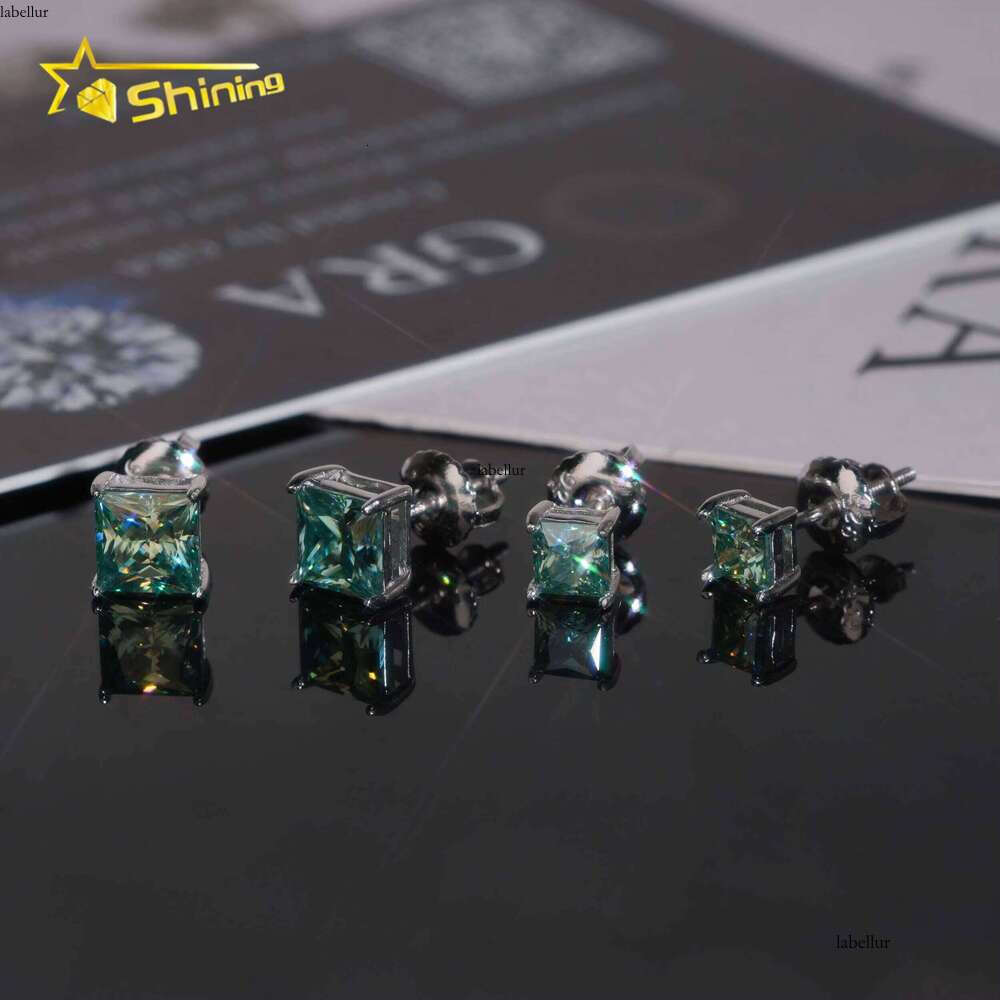 Classic Dia Earring Blue Green Princess Cut Mens Sterling Sier Square Moissanite Stud Earrings