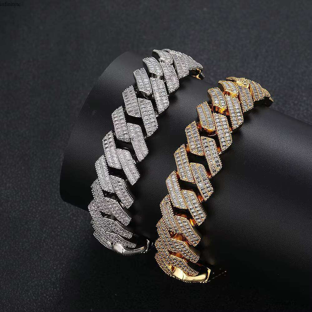 NUOYA Women's Shiny Iced Out Baguette Dia Cuban Link Chain Bracelet 20mm Sier Plated Hip Hop Fine Jewelry