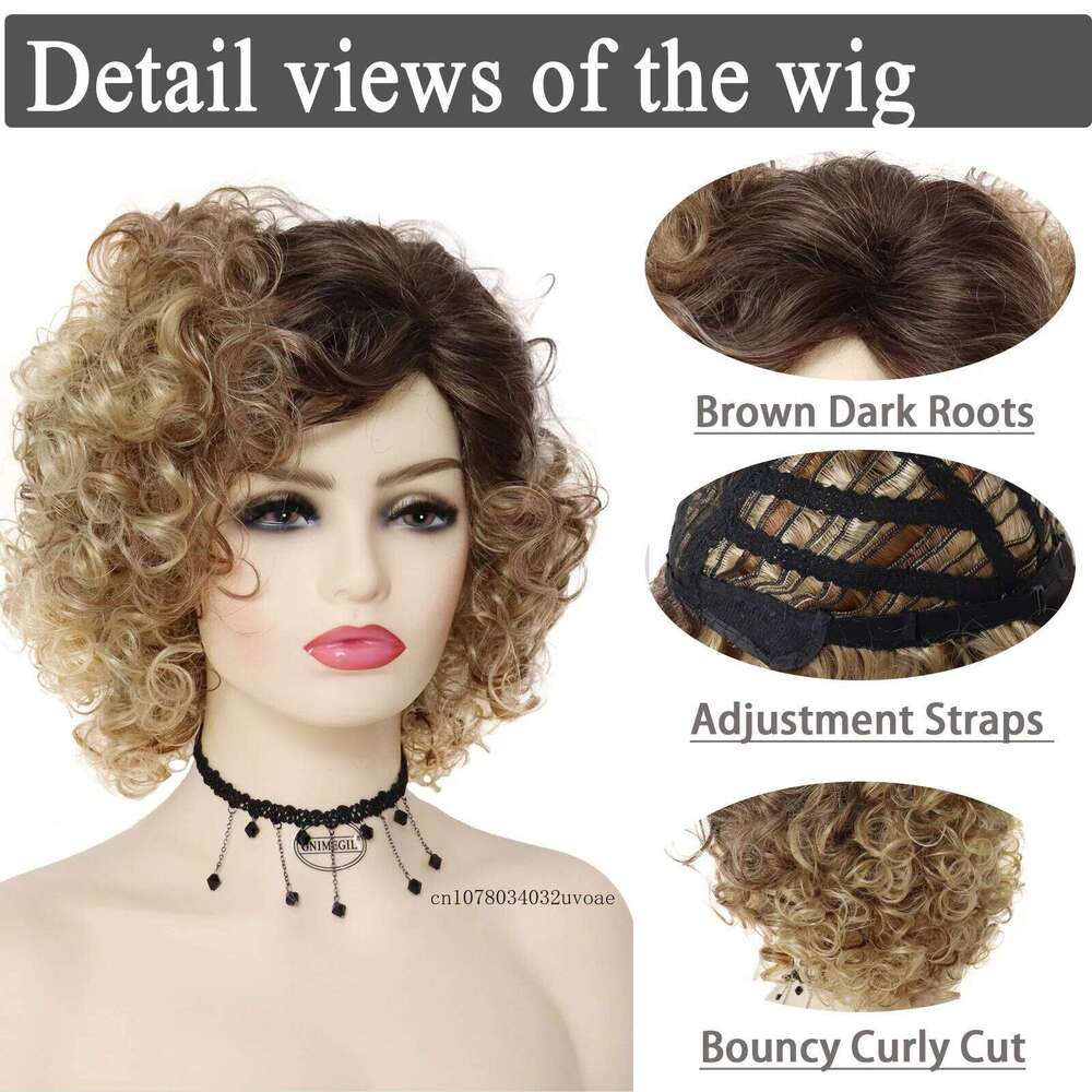 Synthetic Curly Short for Women Blonde with Bangs Sandy Grease Ombre Wigs Halloween Costume Wig Cosplay