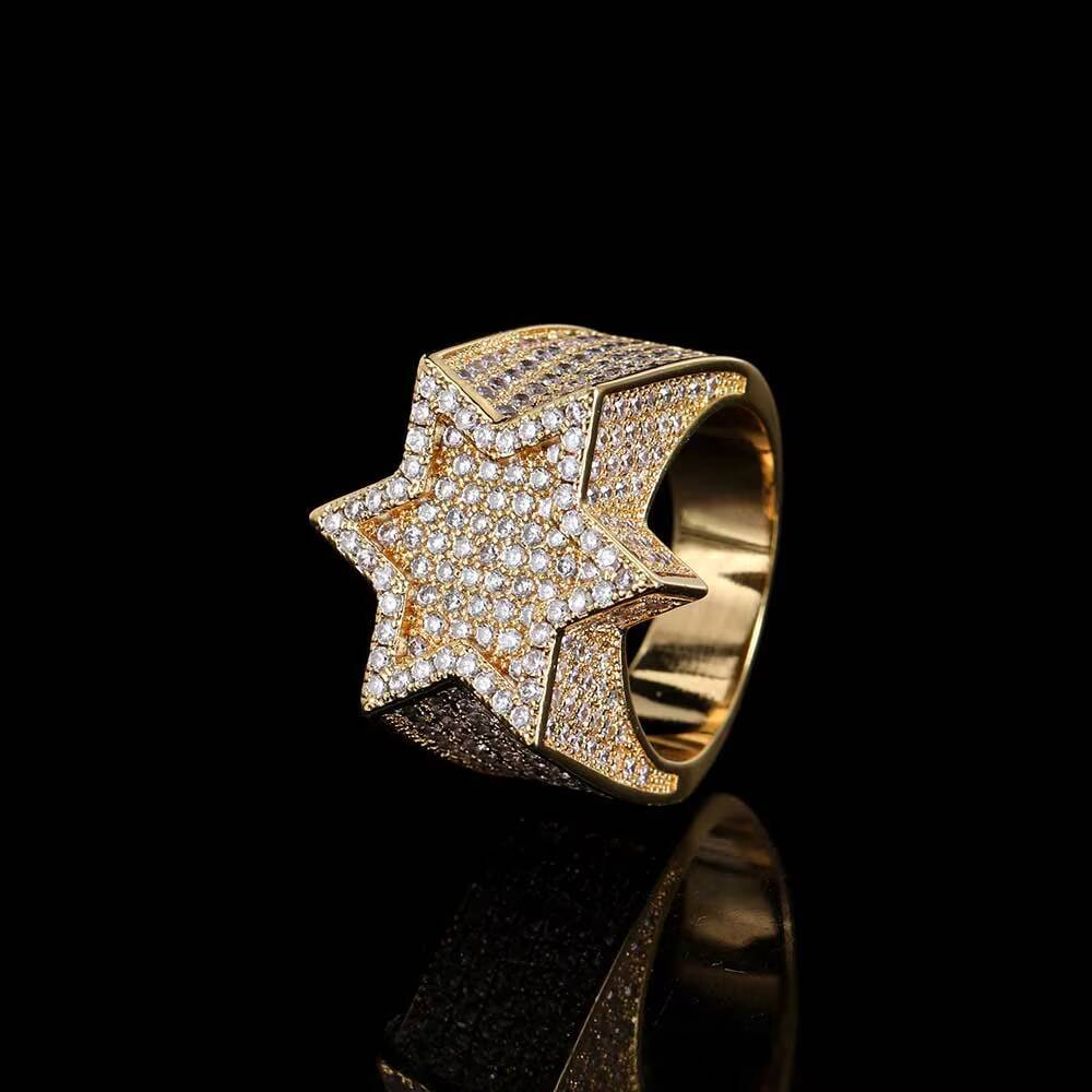 Hip Hop Jewelry 925 Silver Micro Pave Moissanite Diamond 18k Gold Rings Hip-Hop Accessories Five-Pointed Star Shaped Rings