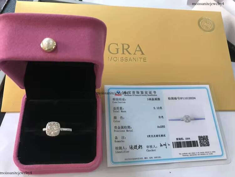 Fine Jewelry Solid 14K White Gold 1.0CT Cushion Moissanite Dia with Halo Women Engagement Wedding Rings
