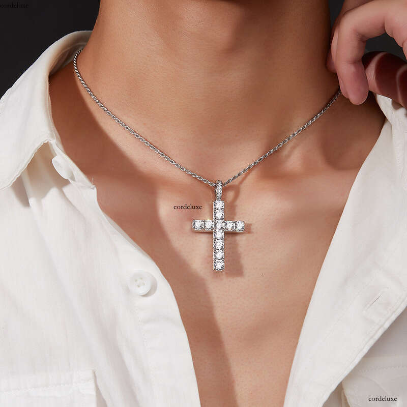 S Men's Moissanite Cross Pendant Necklace Trendy Classic Unisex Style Jewelry Sier Accessories
