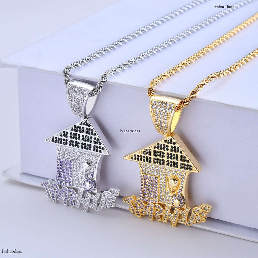 Trendy House Micro-Inlaid Colorful Moissanite chain Necklace TrapHouse Pendant Hip-Hop Accessories