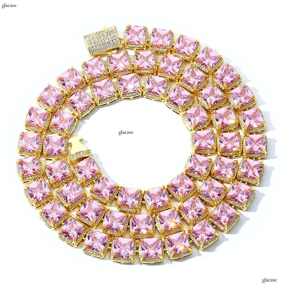 Hip-Hop 10mm Square Pink Moissanite chain Ice Sugar Jewelry Accessories High-End Men's Necklace