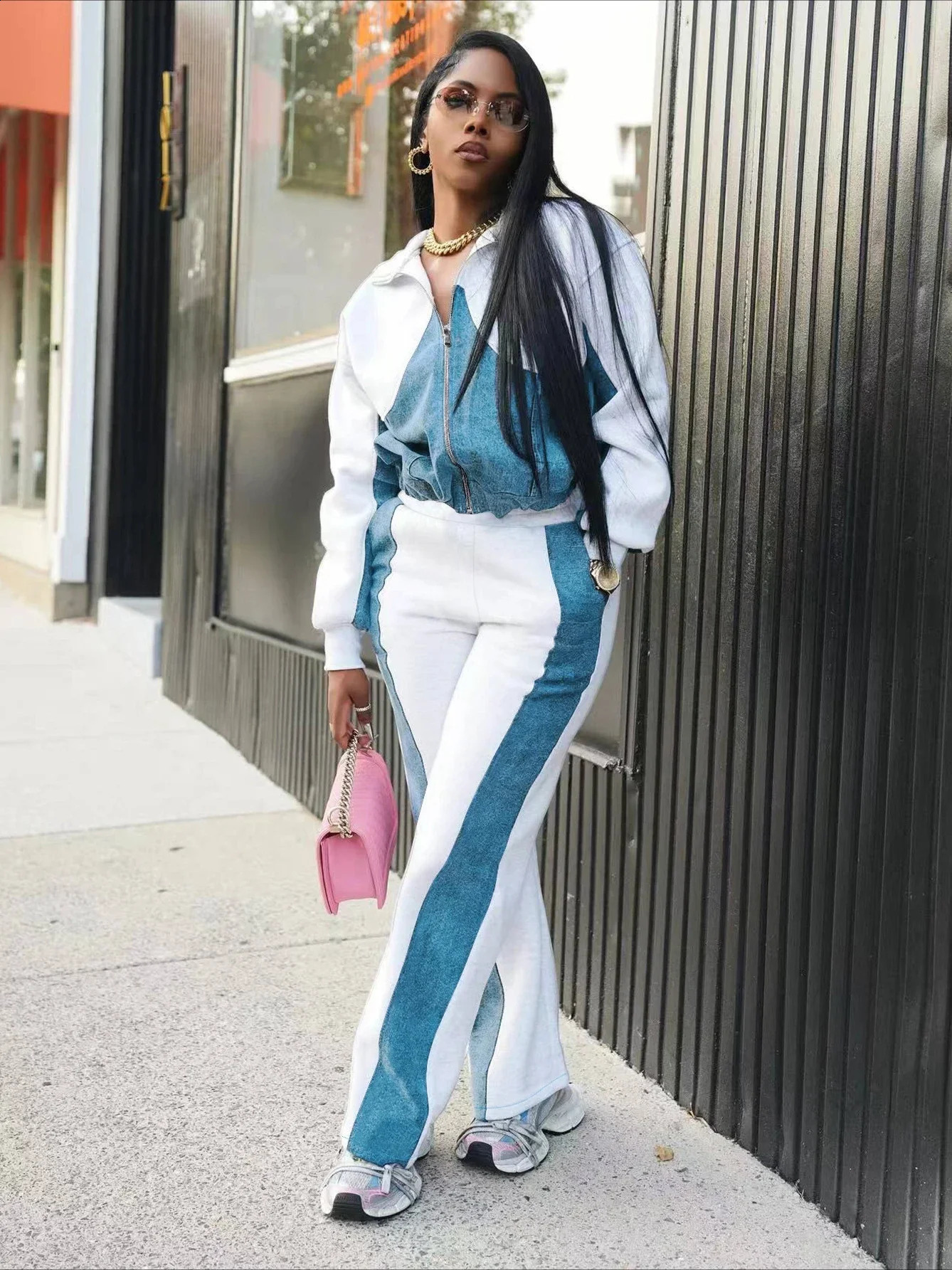 Fashion Denim Patchwork Womens Set Sweatshirt Jacket and Wide Leg Pants Suit INS Two 2 Piece Sets Outfit Tracksuit 250808