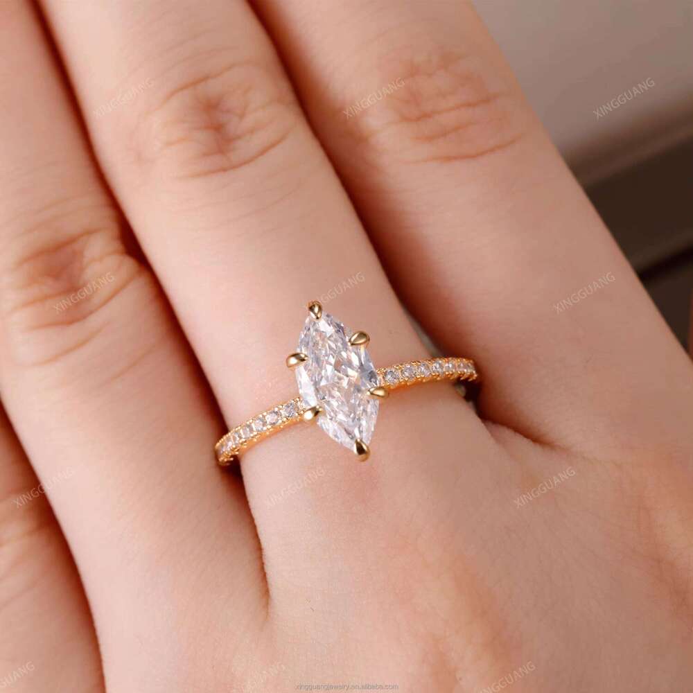 XG Women 2CT Marsquise Cut Moissanite Sier Plated Gold Fine Rings Custom Lab Dia Jewelry