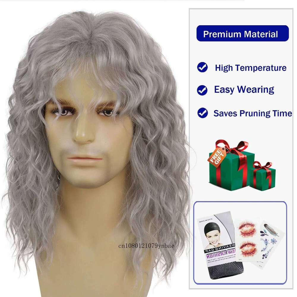 Grey Cosplay Synthetic Wigs for Older Men Halloween Long Wavy with Bangs Natural Wave Carnival Party Hair Replacement Wig